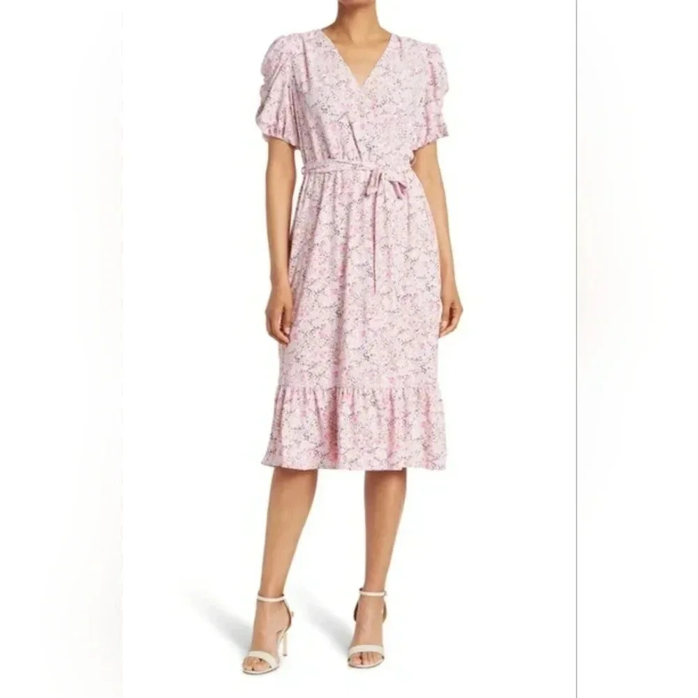 NWT COLLECTIVE CONCEPTS S Puff Sleeve Floral Midi Sun Dress‎ Pink Multi Chiffon